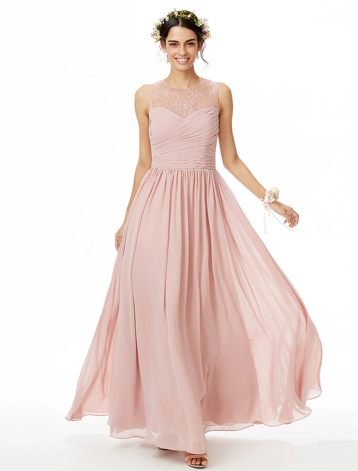Wholesale A-Line Bridesmaid Dress Jewel Neck Sleeveless See Through Floor Length Chiffon / Lace with Lace / Criss Cross / Pleats